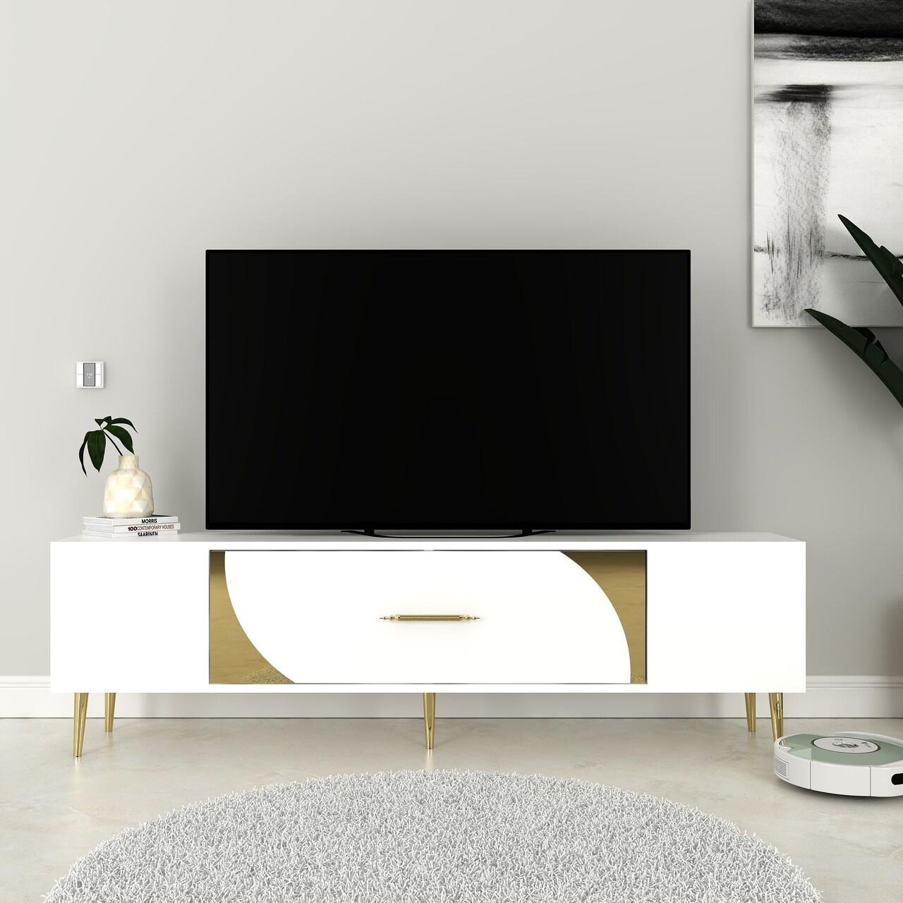 Comoda TV, Hanah Home, Dekop2, 150x48.2x29.6 cm, Alb/Auriu - imagine 7